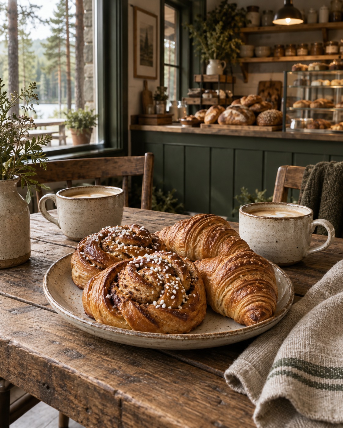 Cozy village bakery with coffee and fresh pastries