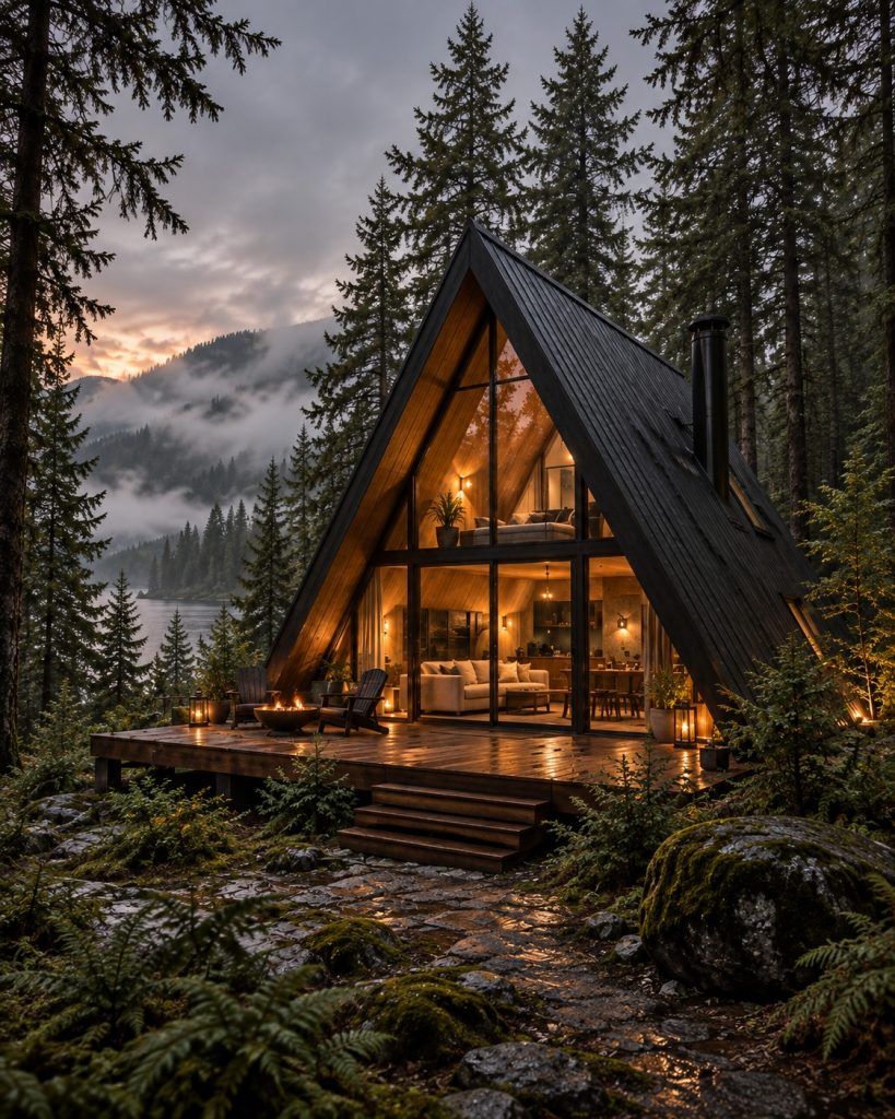 A-frame cabin glowing warmly in misty pines