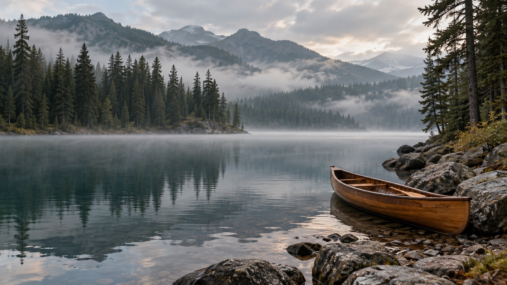 Wooden canoe by a misty lake surrounded by pines