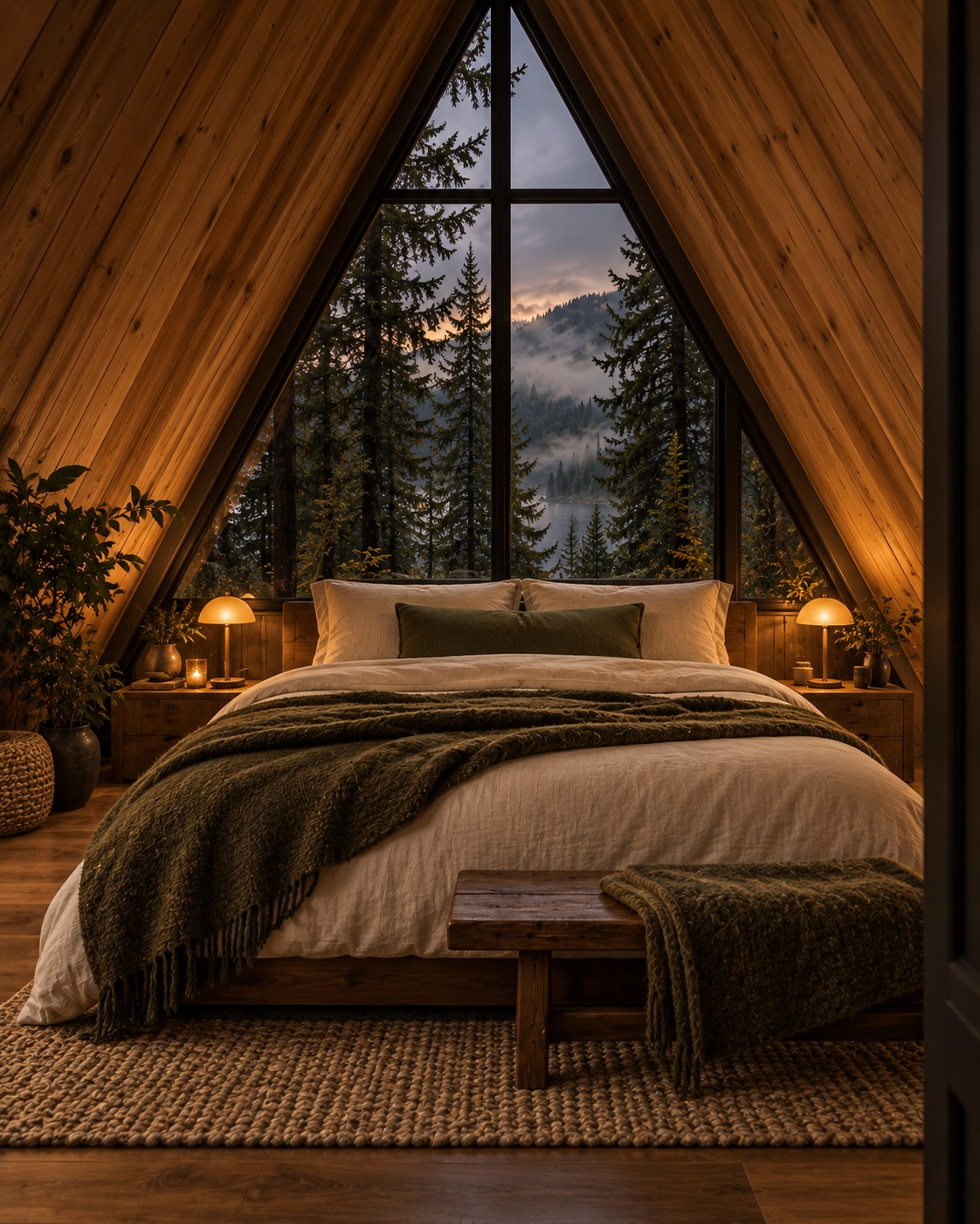 Cozy A-frame bedroom with cream linens and forest views