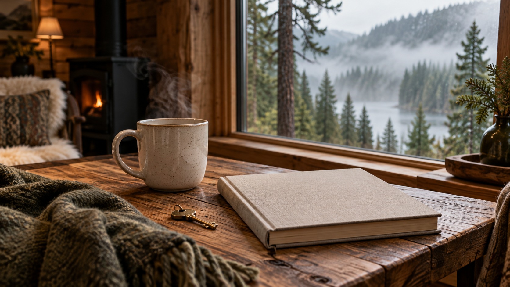 Coffee and a linen guest guidebook in a cozy forest cabin