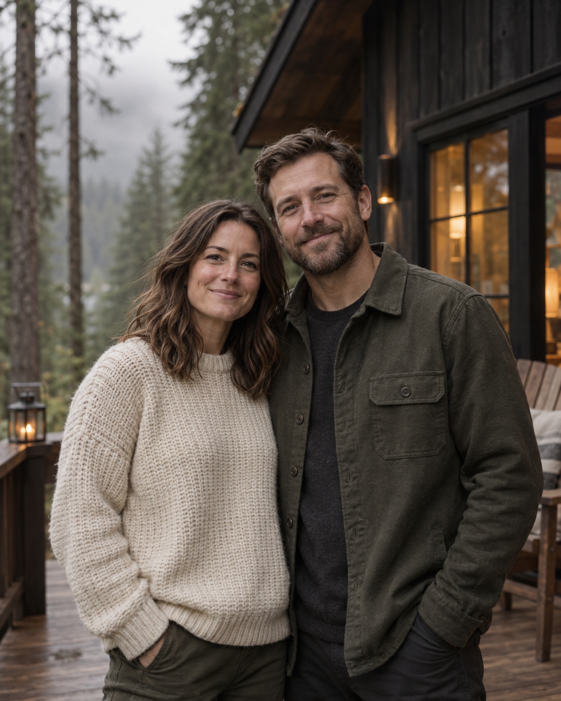 Two welcoming cabin hosts on a timber porch among the pines