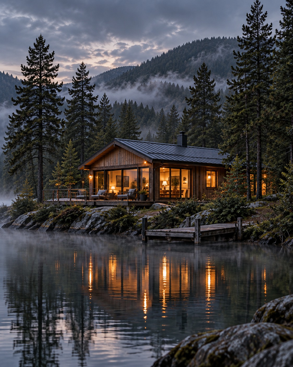 Cedar lakeside cottage with a private dock at dusk