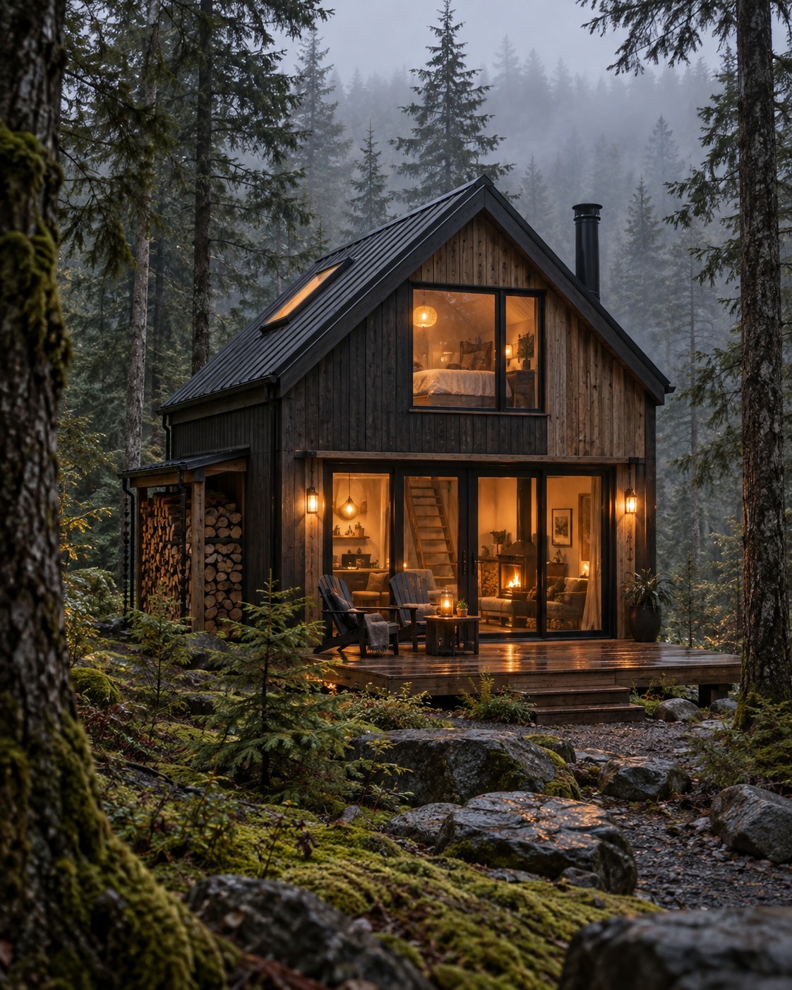 Cozy timber Pine Loft cabin with skylight and warm windows