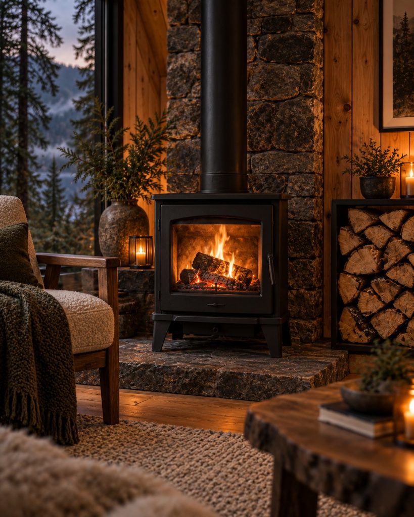 Glowing wood stove in a warm timber cabin