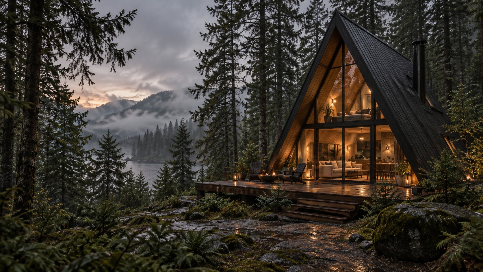 Moody A-frame cabin with warm windows among misty pines