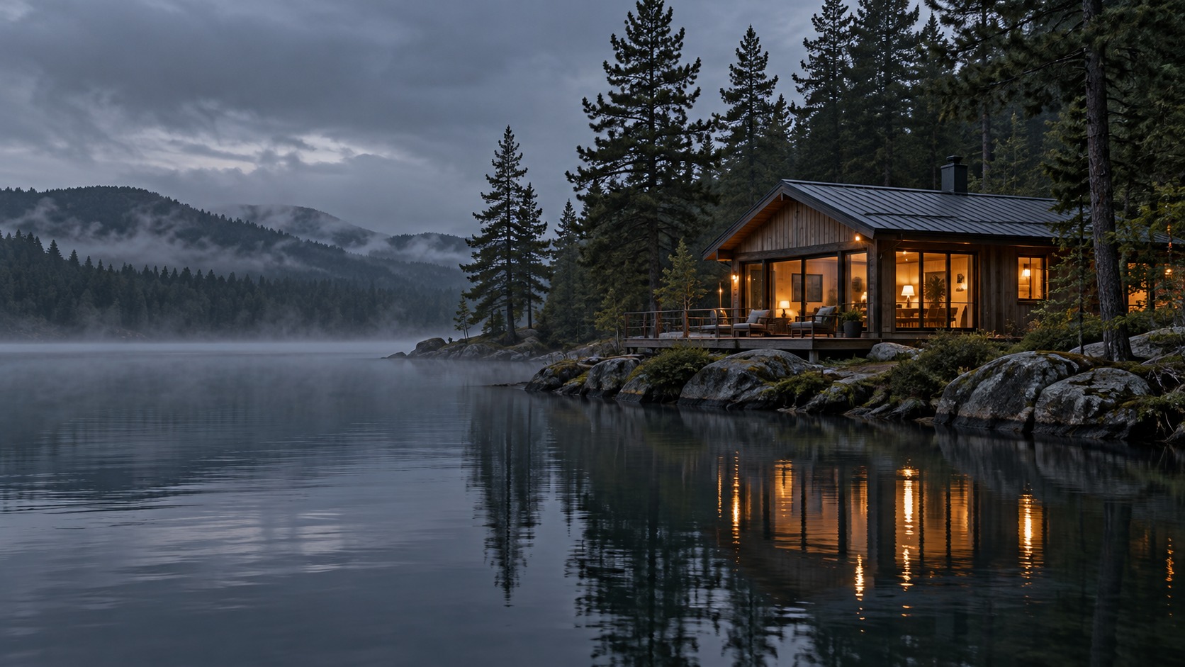 Warm cedar lakeside cottage at blue hour