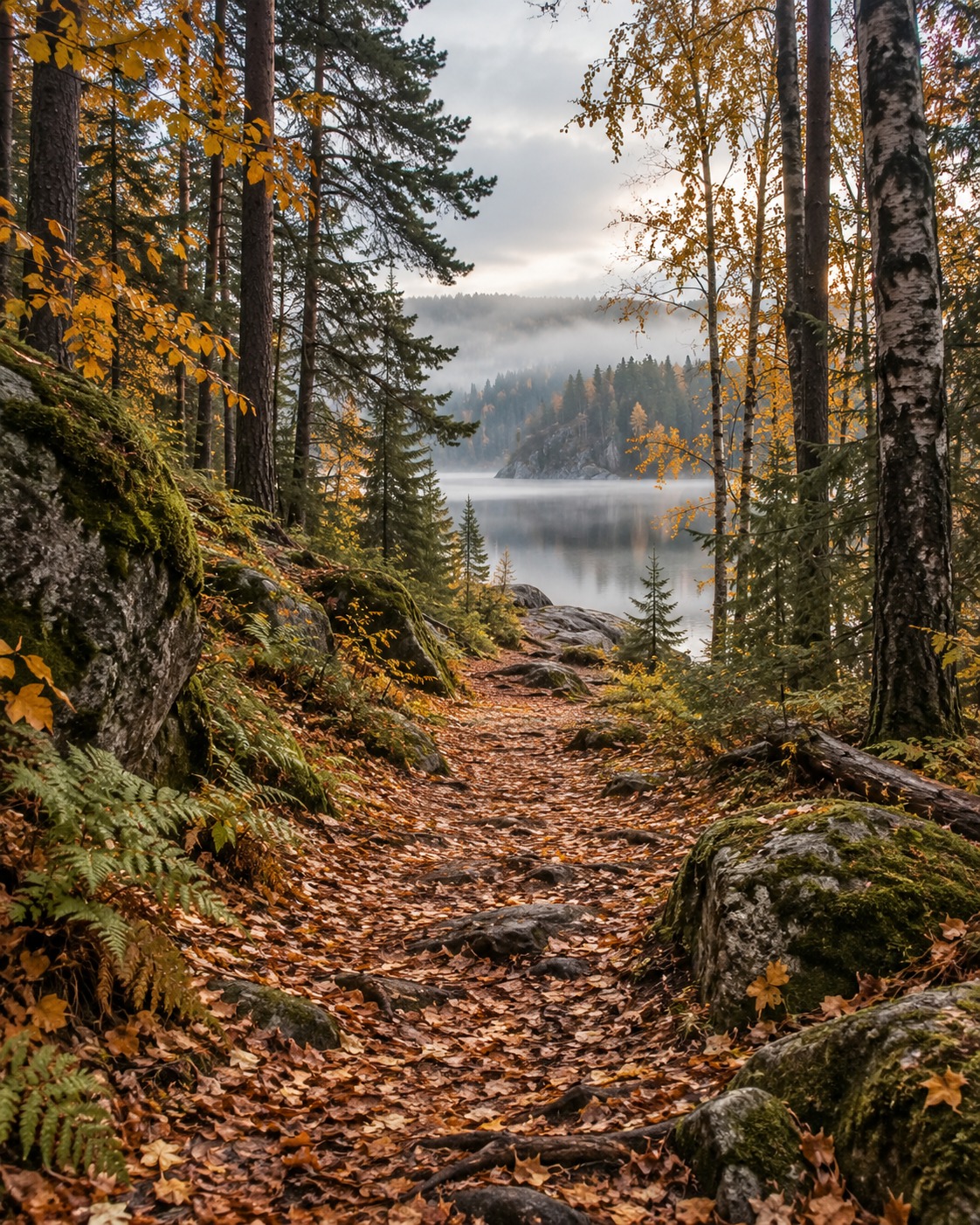 Golden autumn forest trail beside a misty lake