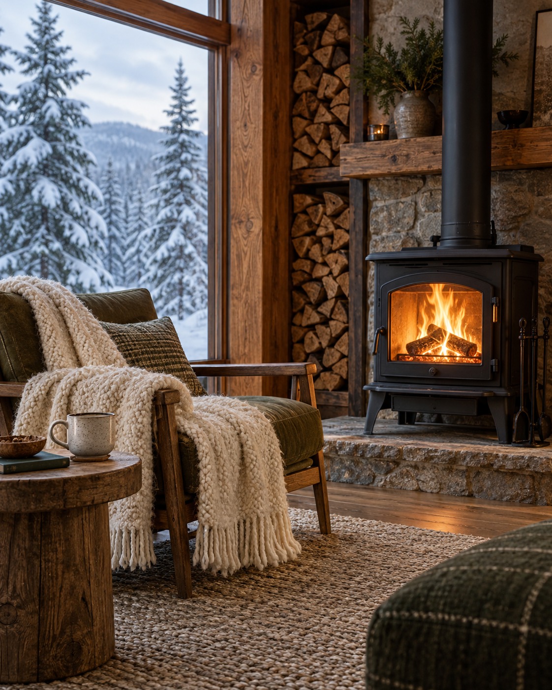 Cozy wood stove beside snow-covered forest windows